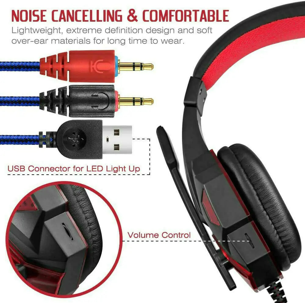 3.5mm Gaming Headset Mic LED Headphones Stereo Bass Surround For PC PS4 Xbox One